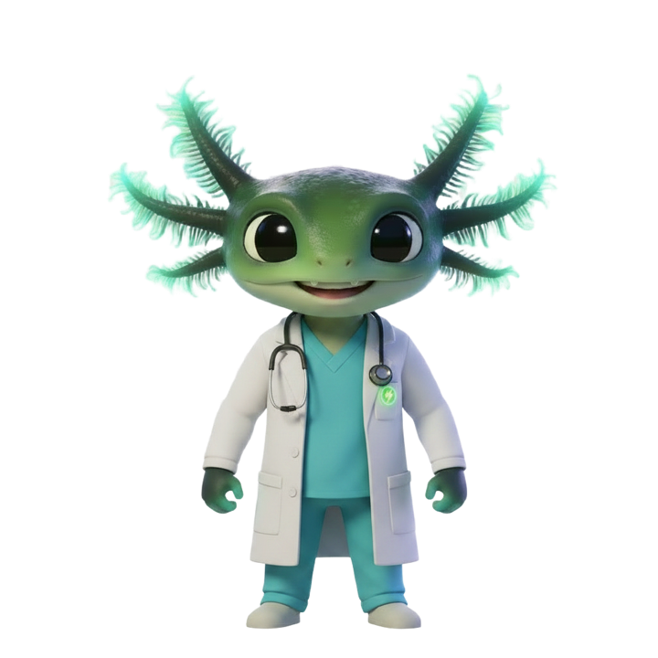 Axo in a lab coat reviewing the research page